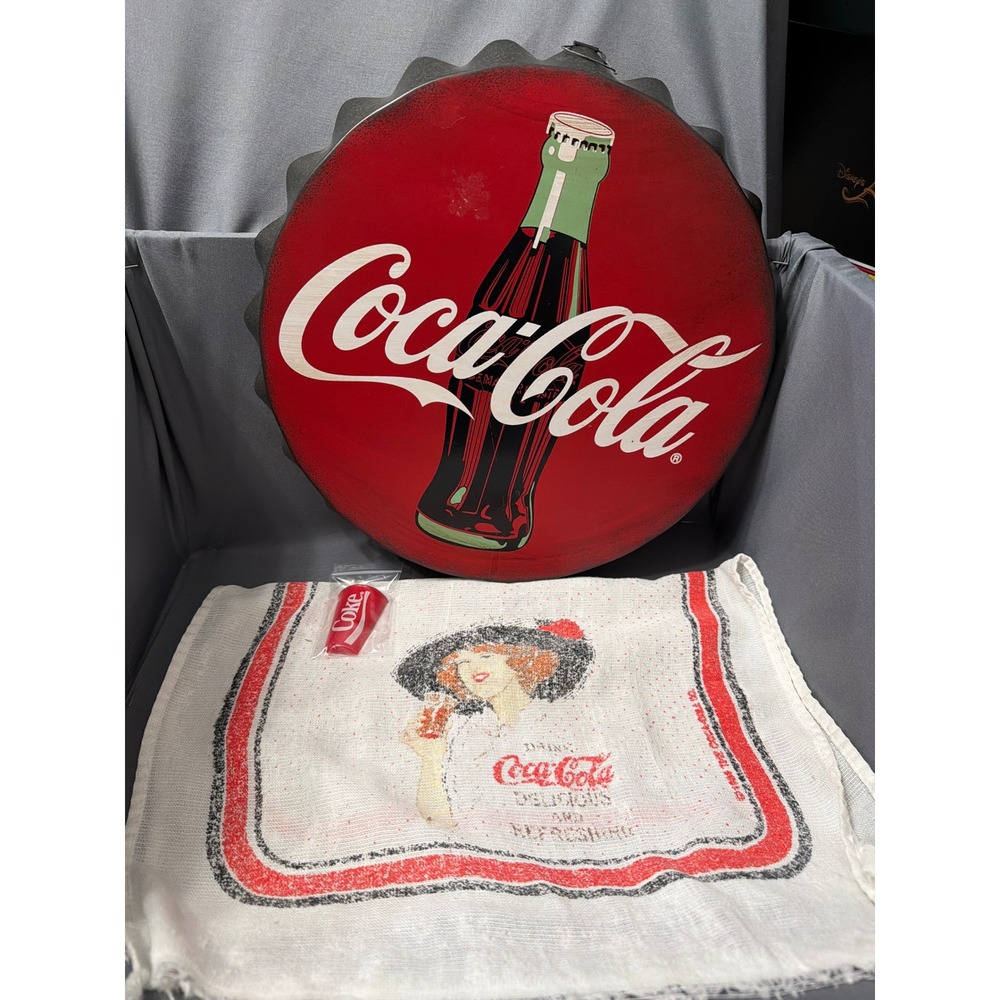 Coca-Cola Collectible Set Metal Bottle Cap Sign Vintage Tea Towel and Magnet